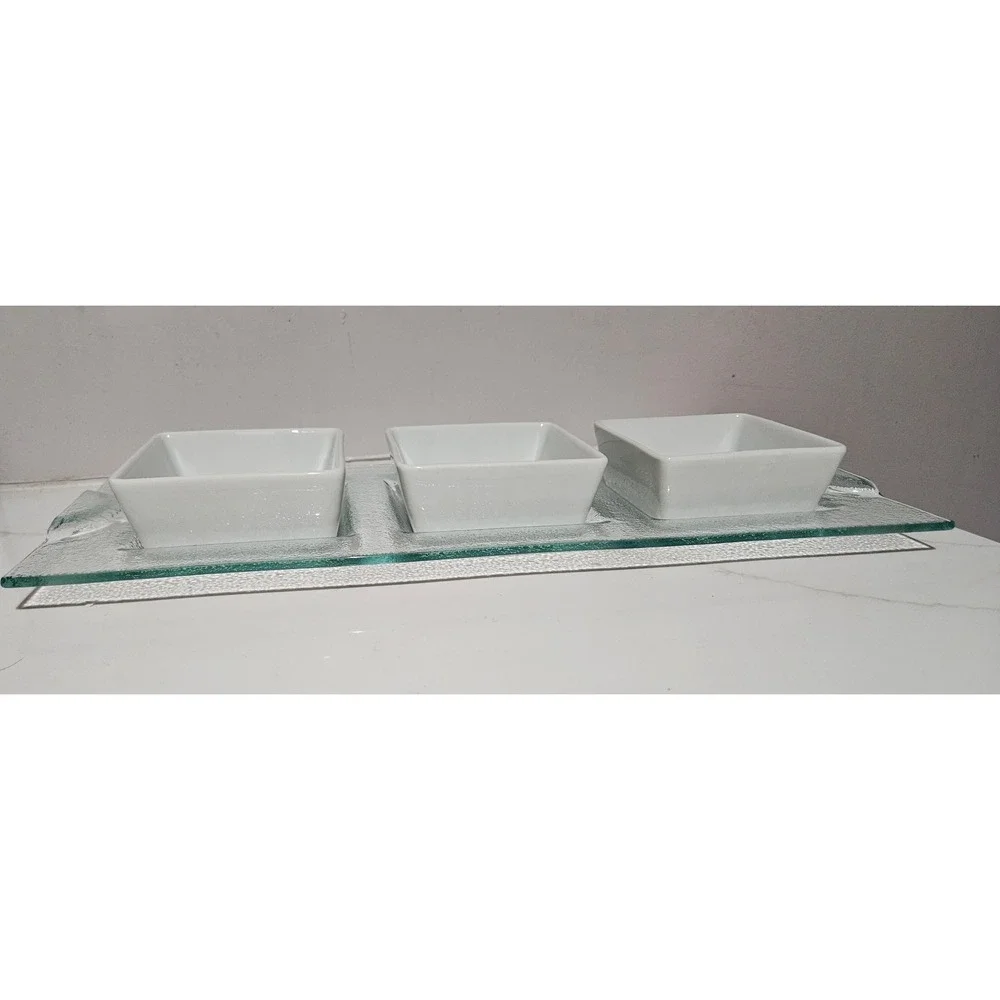 Modern White Ceramic 3 Bowl Server Set with Textured Glass Tray